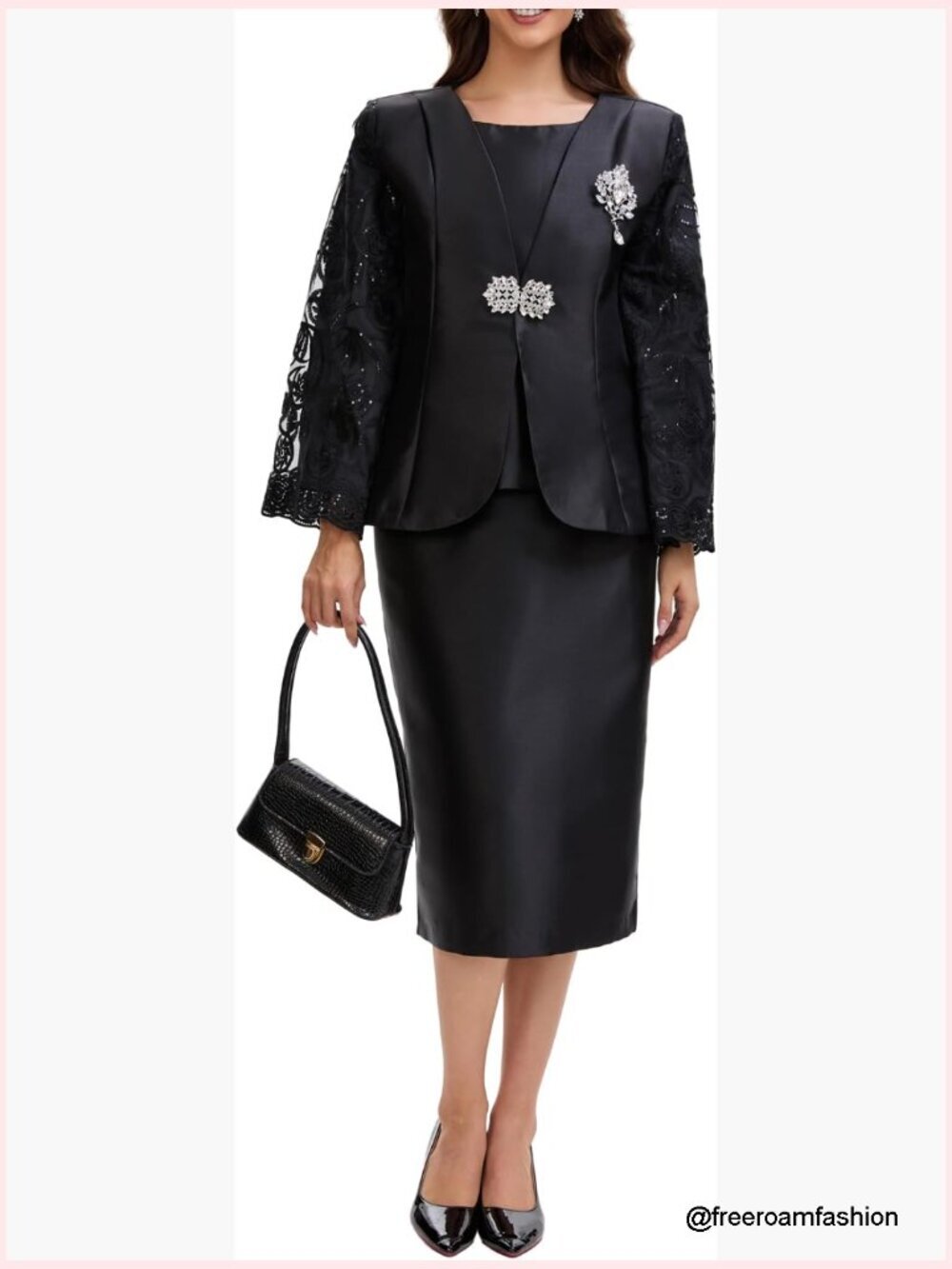 3Pc Church Suit Set Rhinestone Brooch Lace Long Sleeve Mother Dress